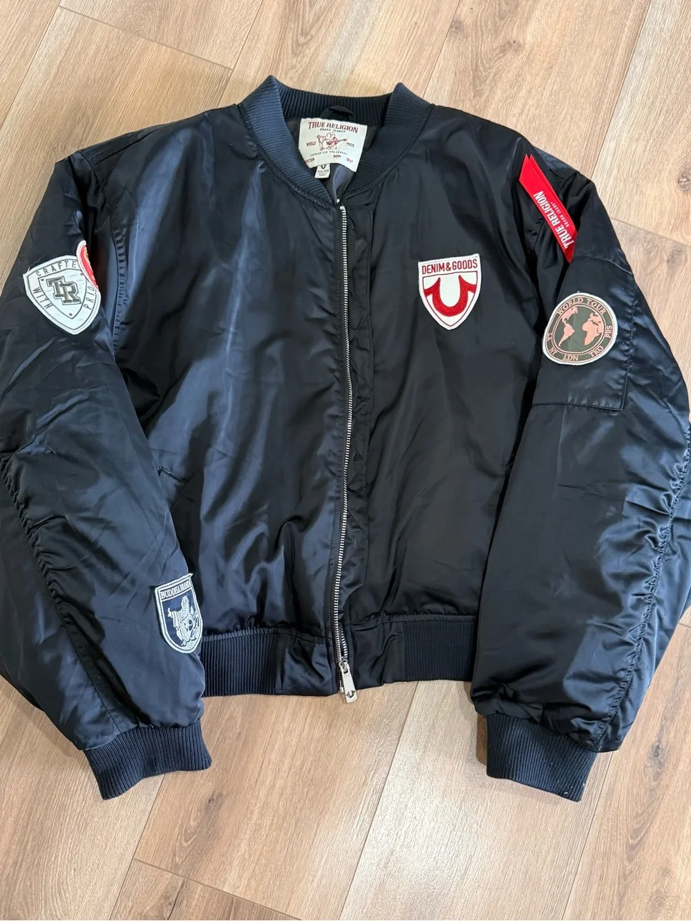 True Religion World Tour Bomber Jacket 3XL Multi-Patch Black